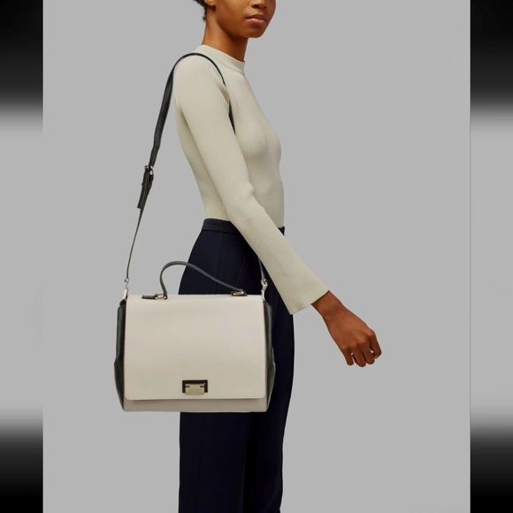 Kate Spade Off White Grey and Black Leather Handle Bag, Fold Over Tote - Picture 2 of 10